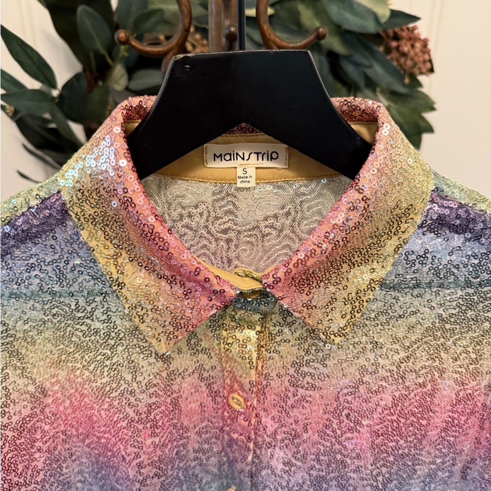 Main Strip Sparkly Sequin Button Down Top Shirt L… - image 5
